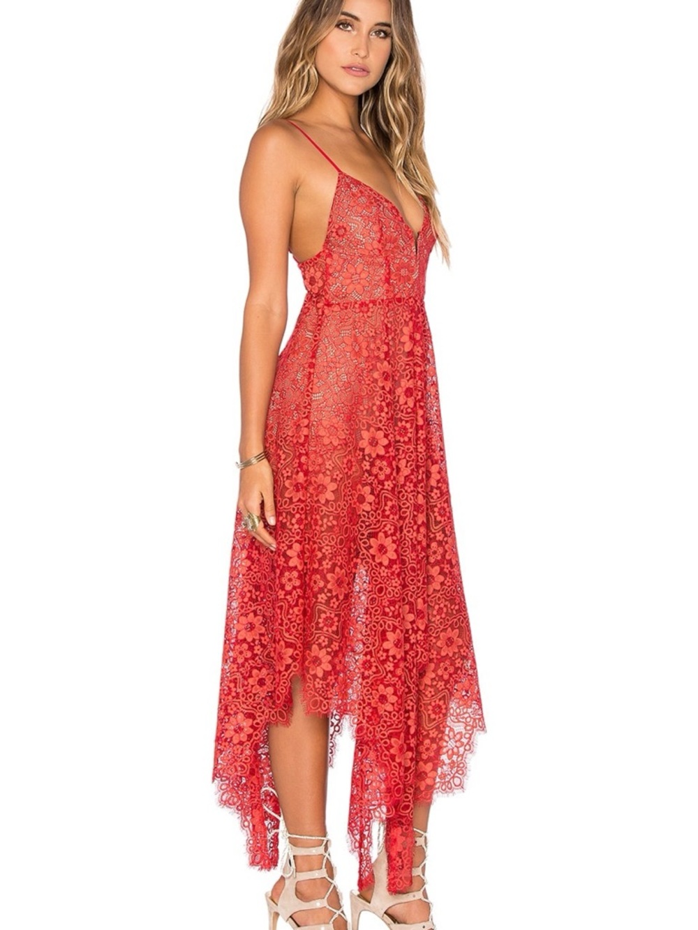 For Love & Lemons Rosemary Red Lace Asymmetric Hem Dress Size Medium